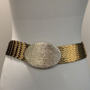 Gold Silver Textured Stretch Wide Belt Statement Chain Metal OS